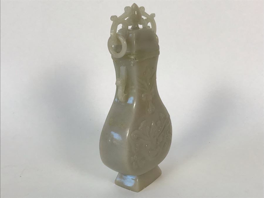 Chinese Carved Light Green Stone Temple Jar With Lid 3W X 1.5D X 7H And Wooden Stand [Photo 17]