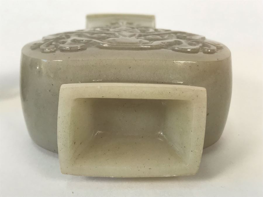 Chinese Carved Light Green Stone Temple Jar With Lid 3W X 1.5D X 7H And Wooden Stand [Photo 22]