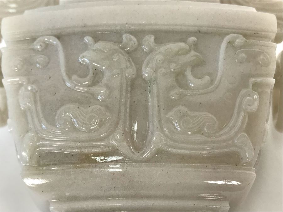 Chinese Carved Stone Temple Jar With Lid 5W X 2D X 6H And Wooden Stand [Photo 20]