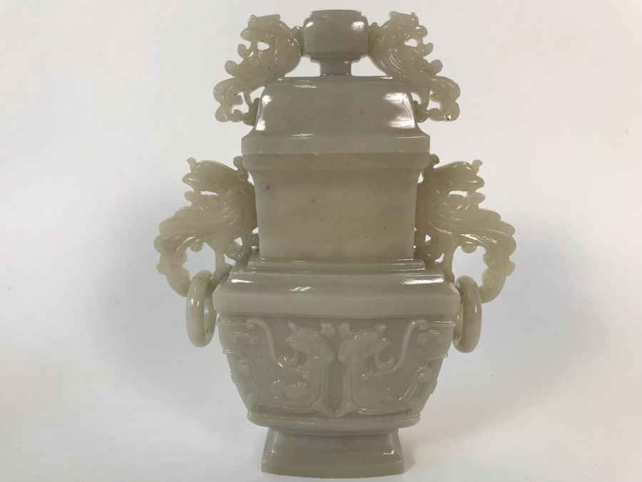 Chinese Carved Stone Temple Jar With Lid 5W X 2D X 6H And Wooden Stand [Photo 9]