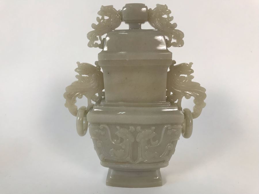 Chinese Carved Stone Temple Jar With Lid 5W X 2D X 6H And Wooden Stand [Photo 10]