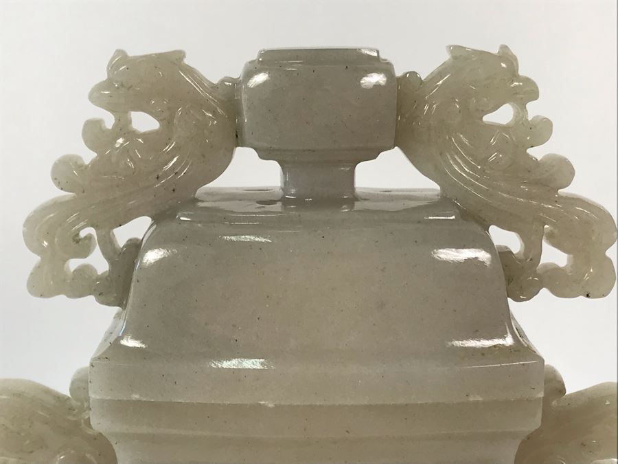 Chinese Carved Stone Temple Jar With Lid 5W X 2D X 6H And Wooden Stand [Photo 7]