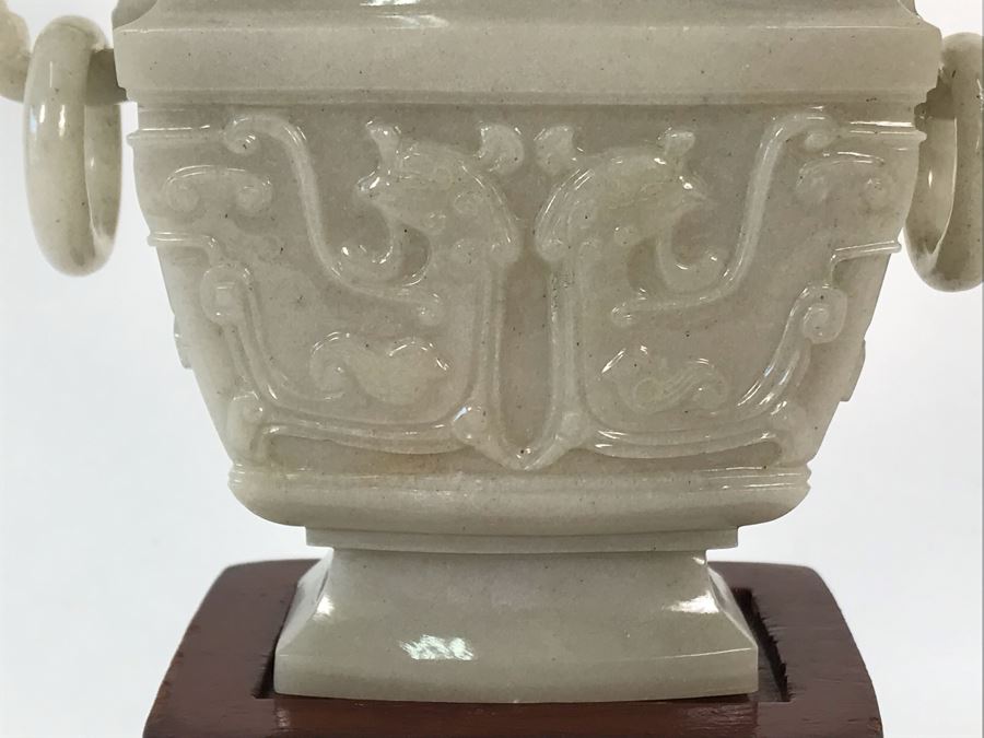 Chinese Carved Stone Temple Jar With Lid 5W X 2D X 6H And Wooden Stand [Photo 4]