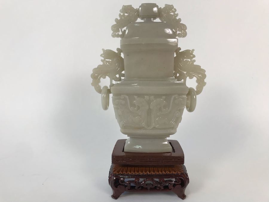 Chinese Carved Stone Temple Jar With Lid 5W X 2D X 6H And Wooden Stand [Photo 1]