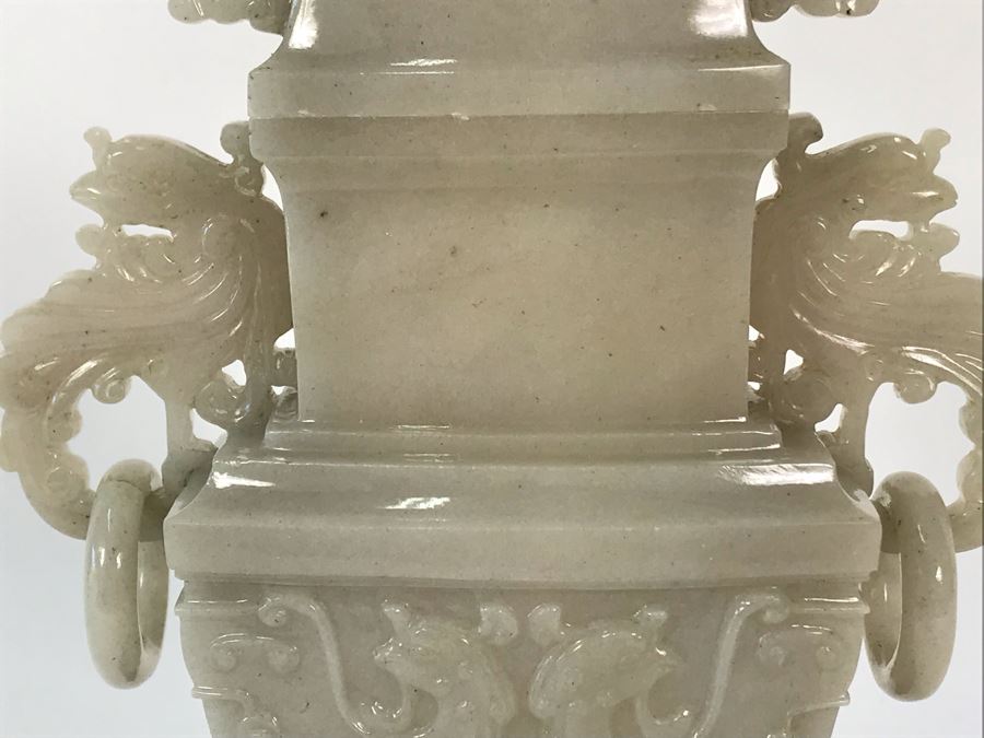 Chinese Carved Stone Temple Jar With Lid 5W X 2D X 6H And Wooden Stand [Photo 5]