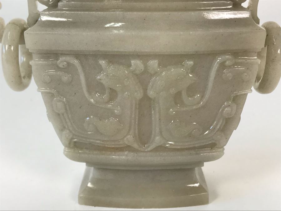 Chinese Carved Stone Temple Jar With Lid 5W X 2D X 6H And Wooden Stand [Photo 11]