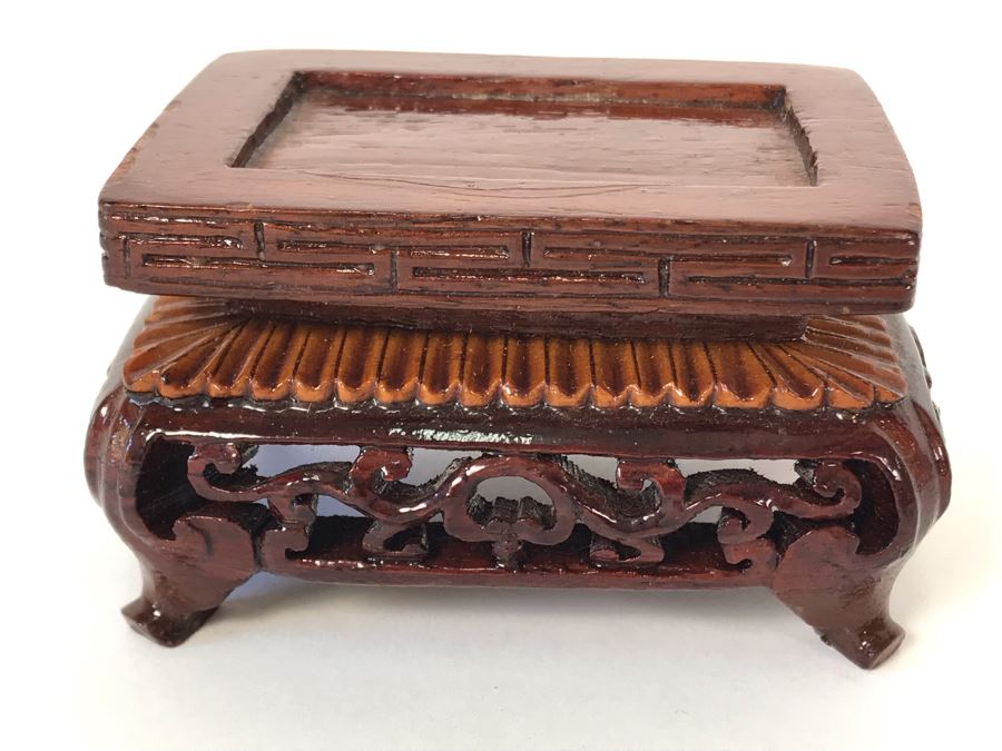 Chinese Carved Stone Temple Jar With Lid 5W X 2D X 6H And Wooden Stand [Photo 24]