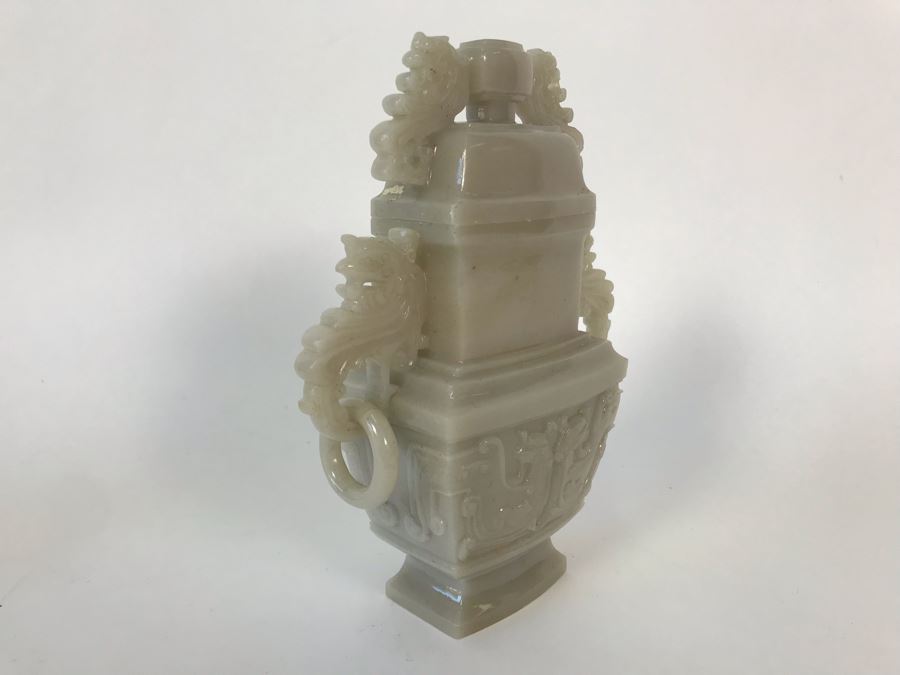 Chinese Carved Stone Temple Jar With Lid 5W X 2D X 6H And Wooden Stand [Photo 12]