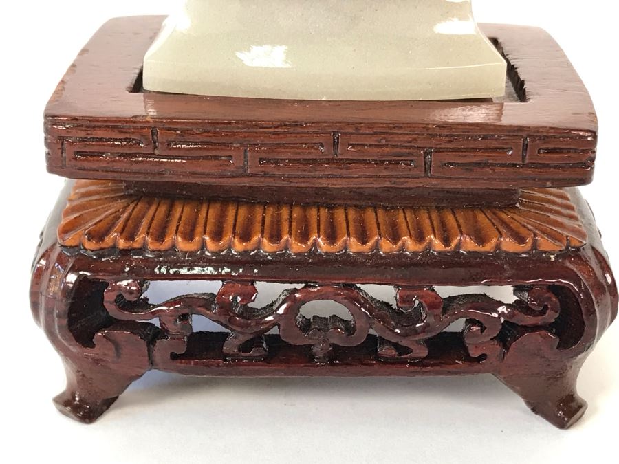 Chinese Carved Stone Temple Jar With Lid 5W X 2D X 6H And Wooden Stand [Photo 8]