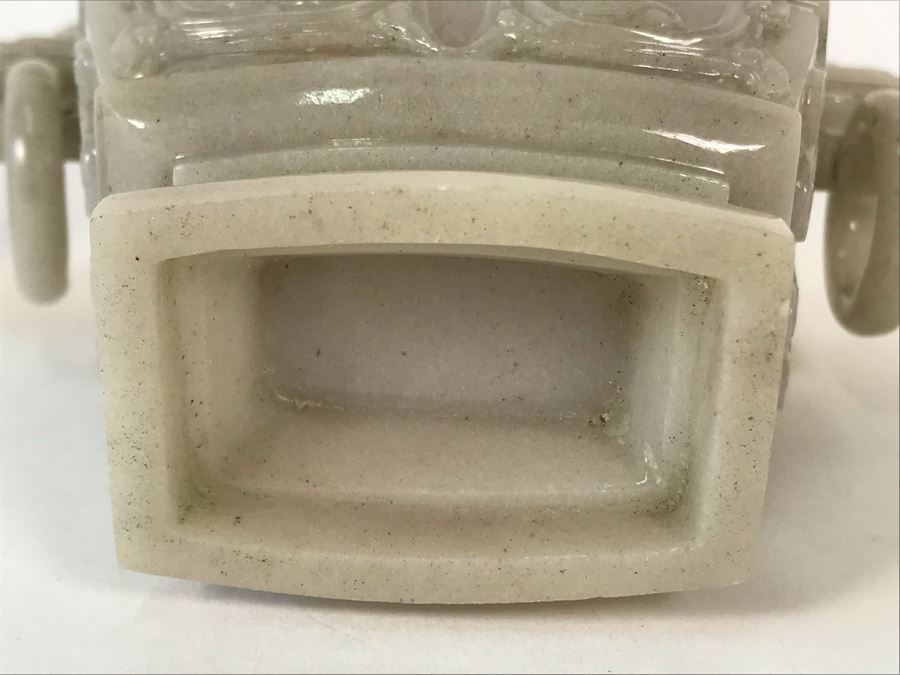 Chinese Carved Stone Temple Jar With Lid 5W X 2D X 6H And Wooden Stand [Photo 18]