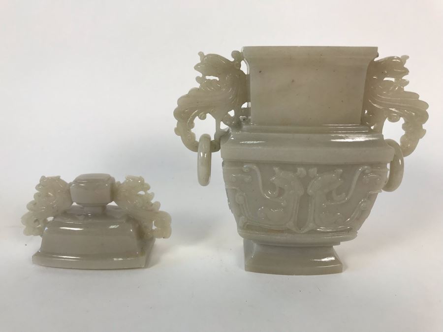 Chinese Carved Stone Temple Jar With Lid 5W X 2D X 6H And Wooden Stand [Photo 15]