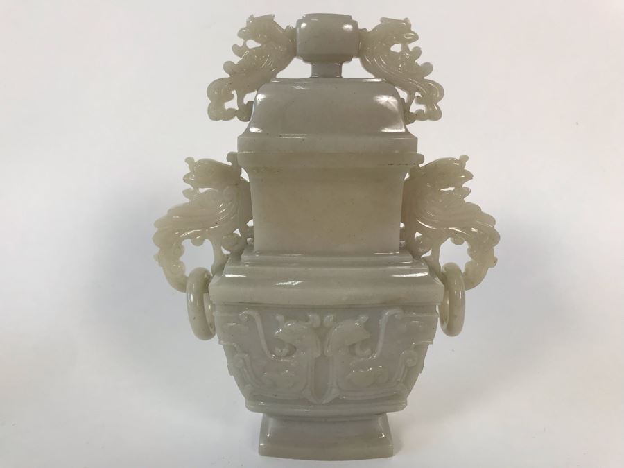 Chinese Carved Stone Temple Jar With Lid 5W X 2D X 6H And Wooden Stand [Photo 13]