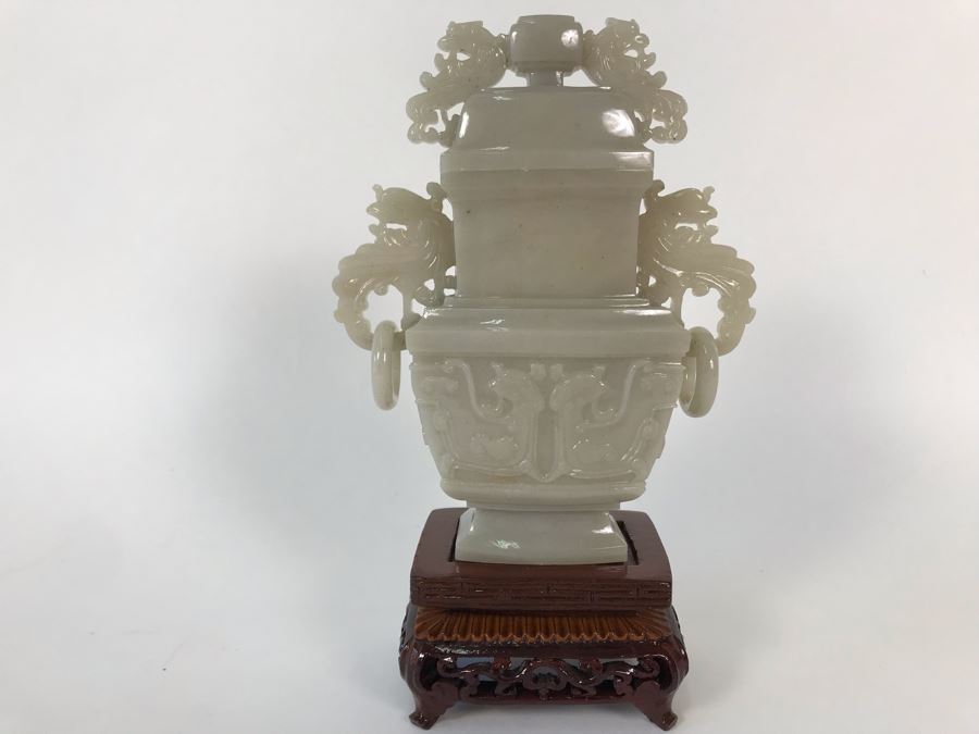Chinese Carved Stone Temple Jar With Lid 5W X 2D X 6H And Wooden Stand [Photo 2]