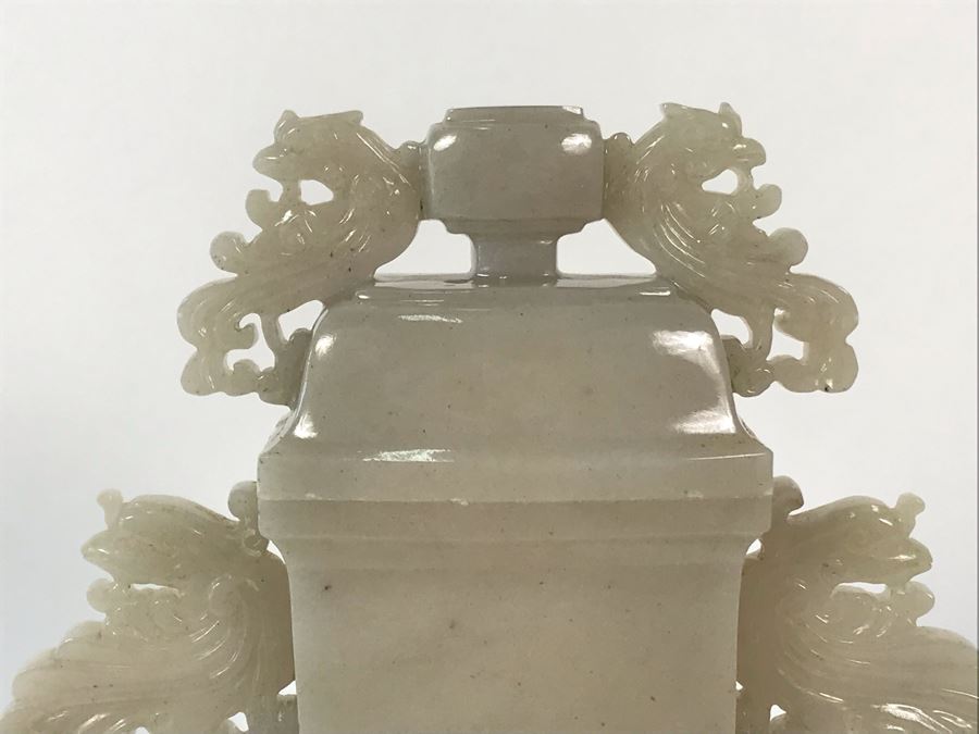 Chinese Carved Stone Temple Jar With Lid 5W X 2D X 6H And Wooden Stand [Photo 6]