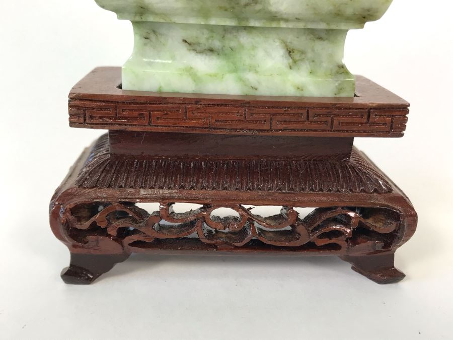 Chinese Carved Stone Temple Jar With Lid And Wooden Stand