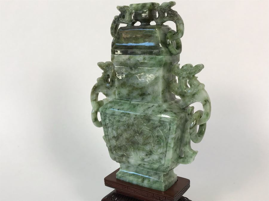 Chinese Carved Stone Temple Jar With Lid And Wooden Stand [Photo 10]