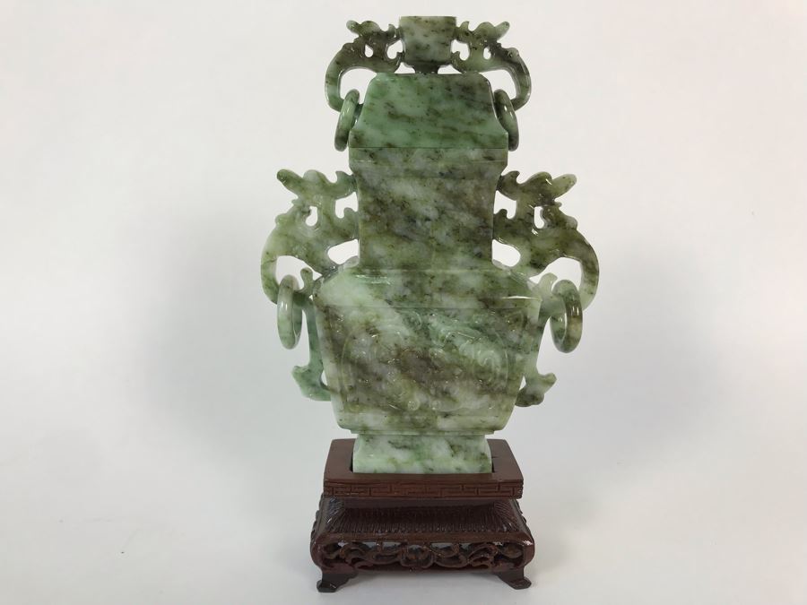 Chinese Carved Stone Temple Jar With Lid And Wooden Stand [Photo 3]