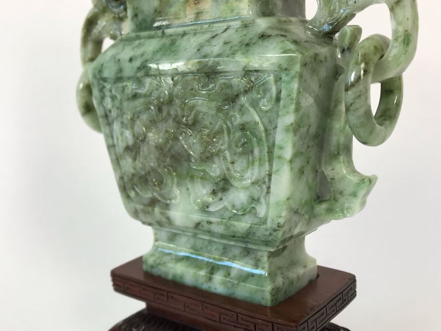 Chinese Carved Stone Temple Jar With Lid And Wooden Stand [Photo 12]