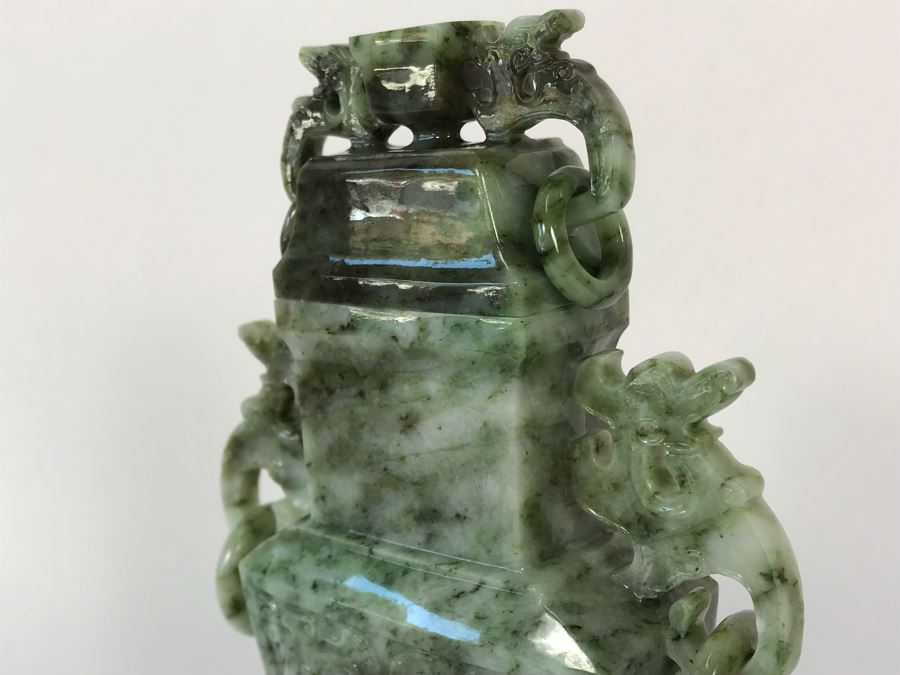 Chinese Carved Stone Temple Jar With Lid And Wooden Stand [Photo 13]