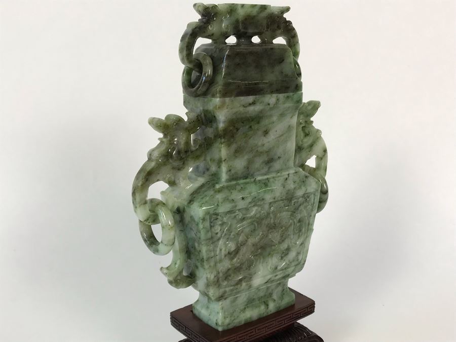 Chinese Carved Stone Temple Jar With Lid And Wooden Stand [Photo 14]