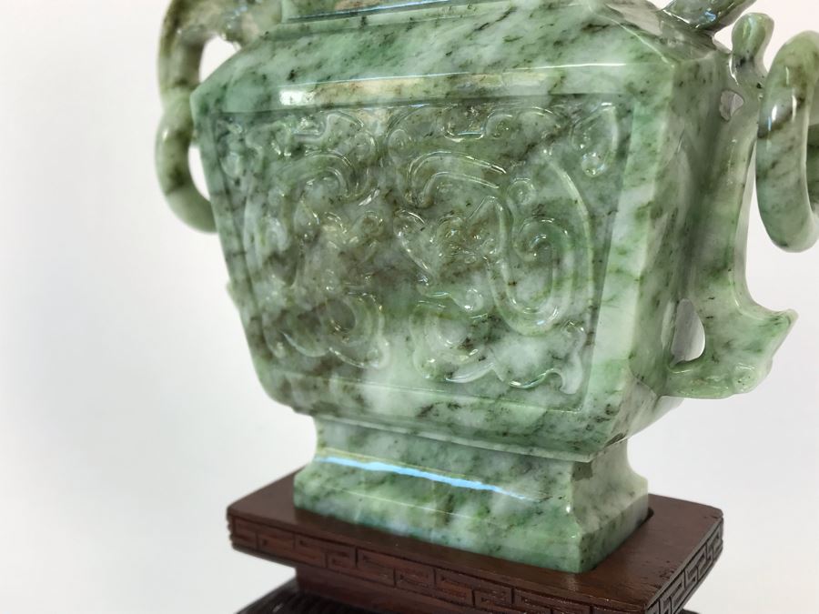 Chinese Carved Stone Temple Jar With Lid And Wooden Stand [Photo 11]