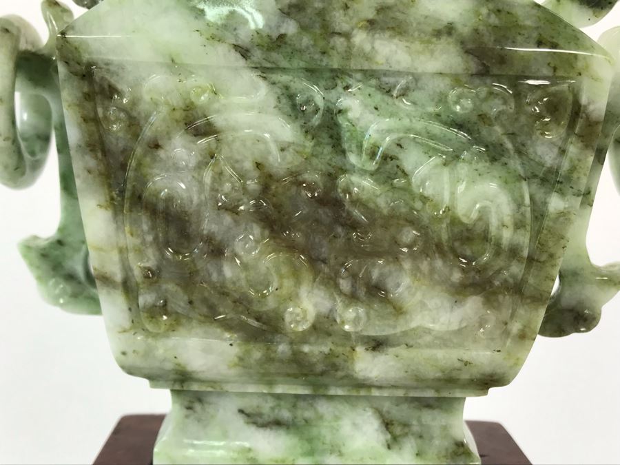 Chinese Carved Stone Temple Jar With Lid And Wooden Stand [Photo 4]