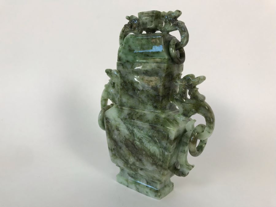 Chinese Carved Stone Temple Jar With Lid And Wooden Stand [Photo 2]