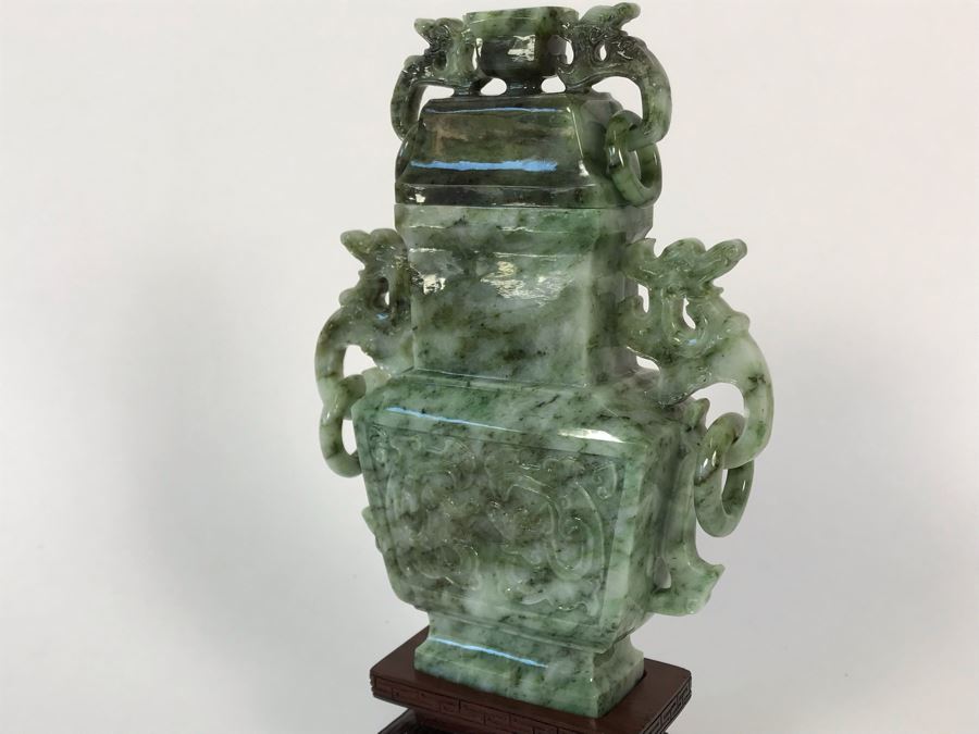 Chinese Carved Stone Temple Jar With Lid And Wooden Stand [Photo 9]