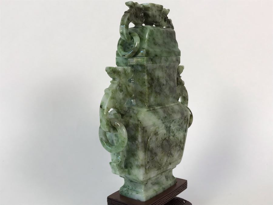 Chinese Carved Stone Temple Jar With Lid And Wooden Stand [Photo 8]