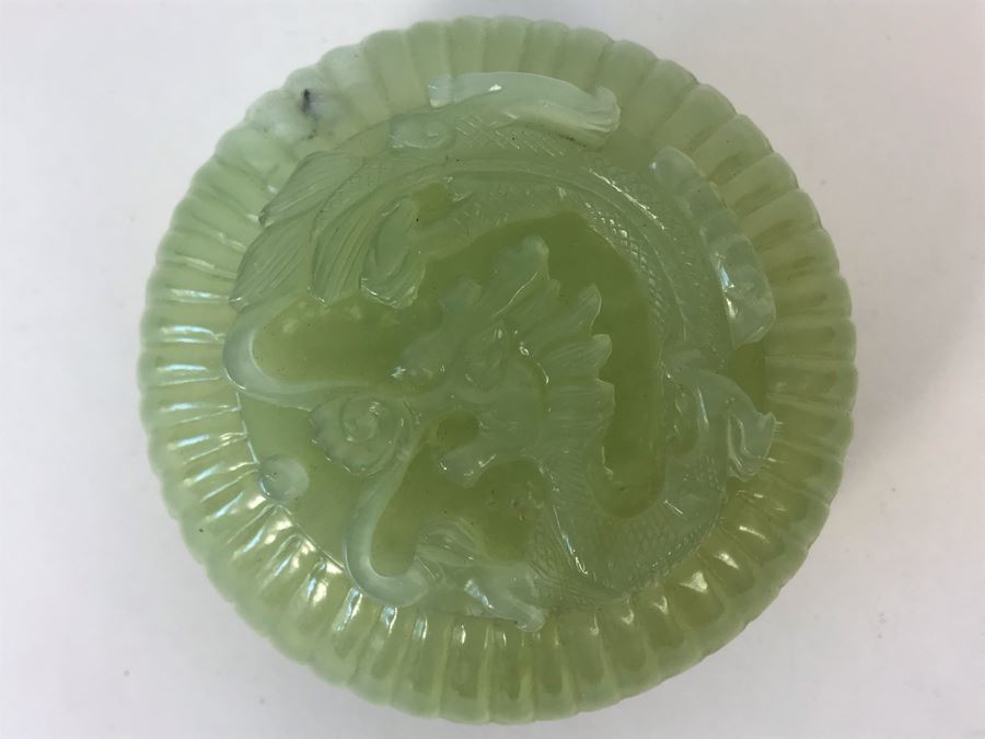 Chinese Carved Green Translucent Stone Round Box With Dragon Serpent Lid With Original Box 4R X 2.25H [Photo 6]