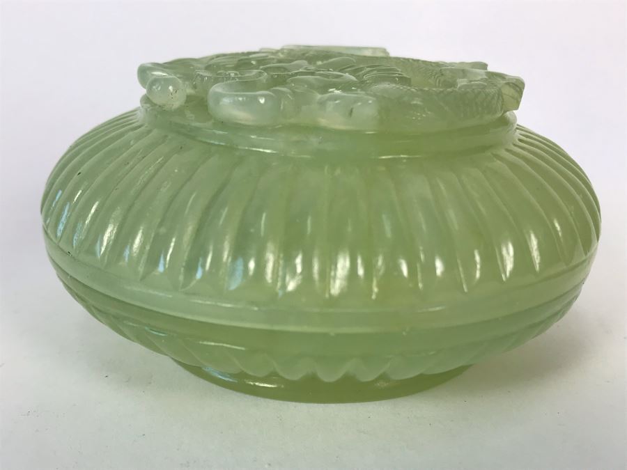 Chinese Carved Green Translucent Stone Round Box With Dragon Serpent Lid With Original Box 4R X 2.25H [Photo 5]