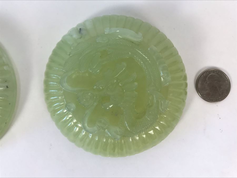 Chinese Carved Green Translucent Stone Round Box With Dragon Serpent Lid With Original Box 4R X 2.25H [Photo 17]