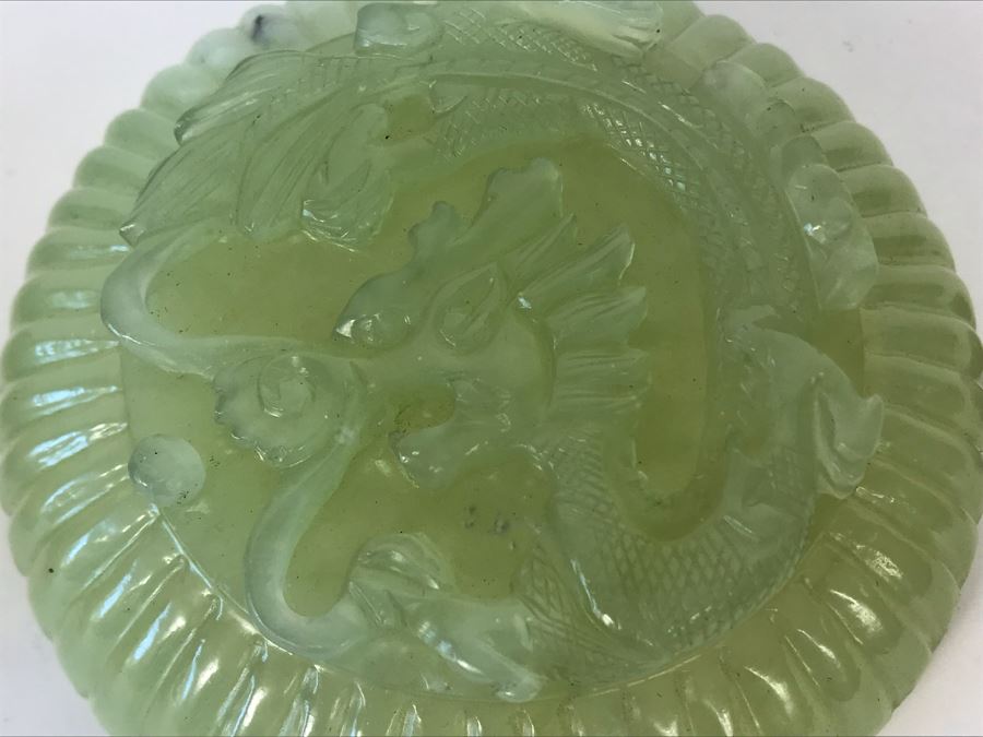 Chinese Carved Green Translucent Stone Round Box With Dragon Serpent Lid With Original Box 4R X 2.25H [Photo 19]