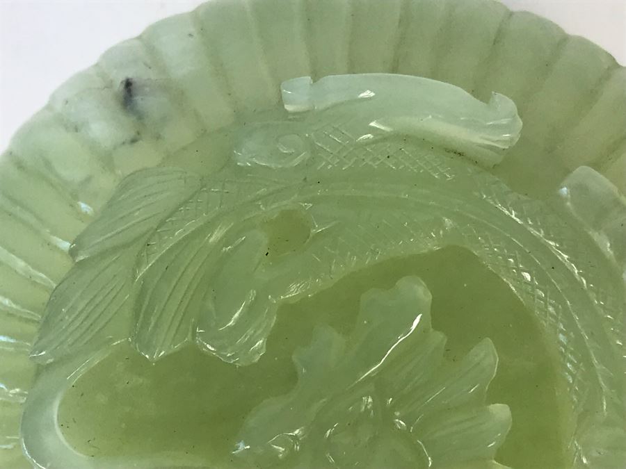 Chinese Carved Green Translucent Stone Round Box With Dragon Serpent Lid With Original Box 4R X 2.25H [Photo 9]