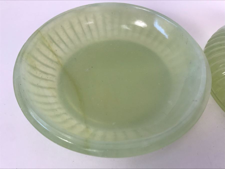 Chinese Carved Green Translucent Stone Round Box With Dragon Serpent Lid With Original Box 4R X 2.25H [Photo 15]