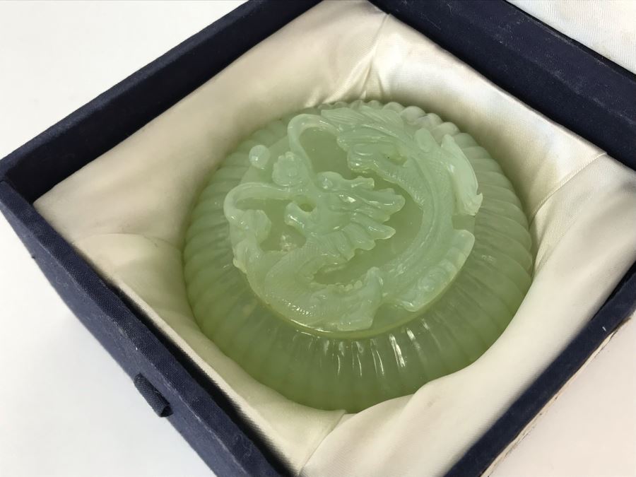 Chinese Carved Green Translucent Stone Round Box With Dragon Serpent Lid With Original Box 4R X 2.25H [Photo 35]
