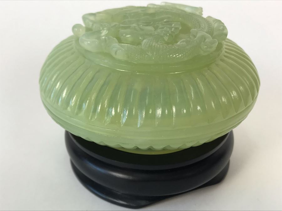 Chinese Carved Green Translucent Stone Round Box With Dragon Serpent Lid With Original Box 4R X 2.25H [Photo 24]