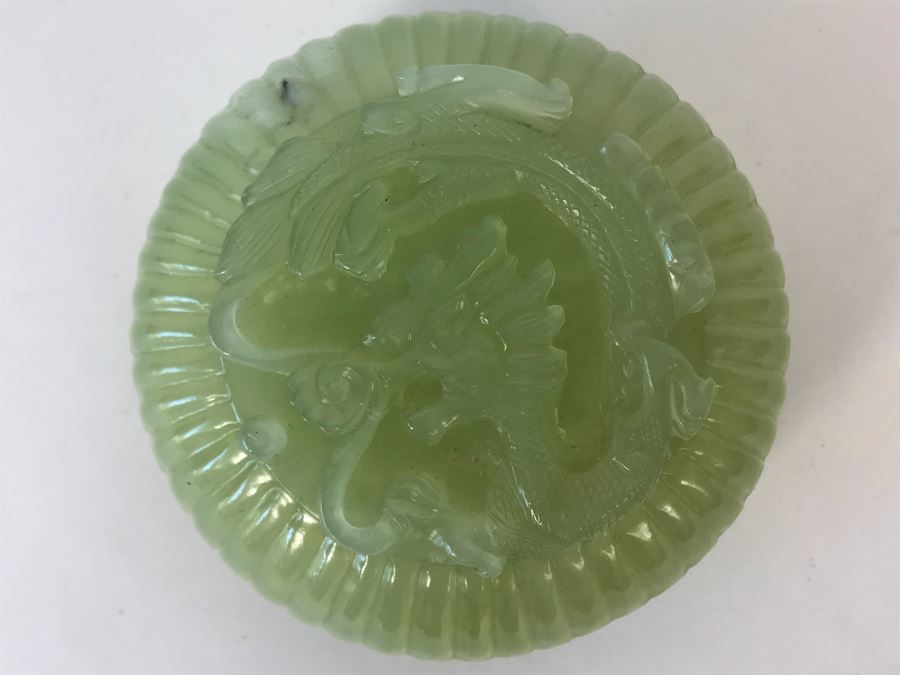 Chinese Carved Green Translucent Stone Round Box With Dragon Serpent Lid With Original Box 4R X 2.25H [Photo 2]