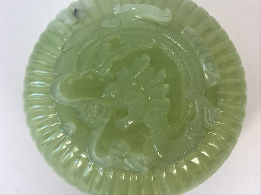 Chinese Carved Green Translucent Stone Round Box With Dragon Serpent Lid With Original Box 4R X 2.25H [Photo 8]