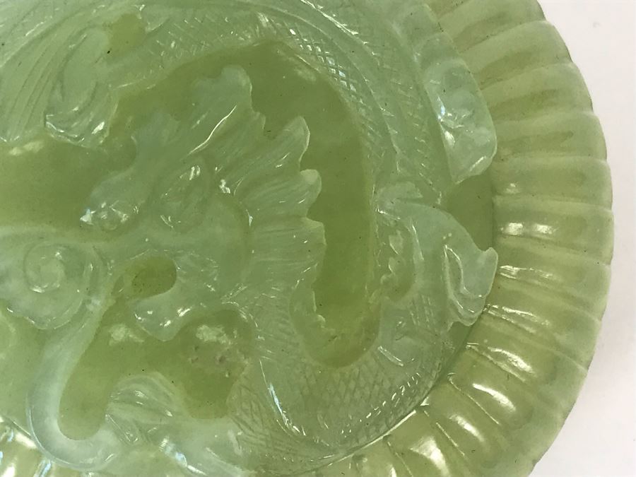 Chinese Carved Green Translucent Stone Round Box With Dragon Serpent Lid With Original Box 4R X 2.25H [Photo 11]