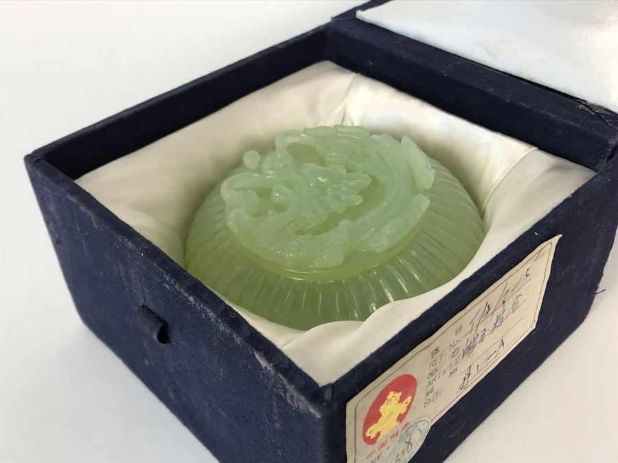 Chinese Carved Green Translucent Stone Round Box With Dragon Serpent Lid With Original Box 4R X 2.25H [Photo 34]
