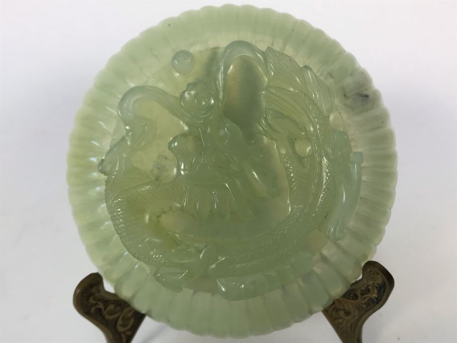 Chinese Carved Green Translucent Stone Round Box With Dragon Serpent Lid With Original Box 4R X 2.25H [Photo 41]