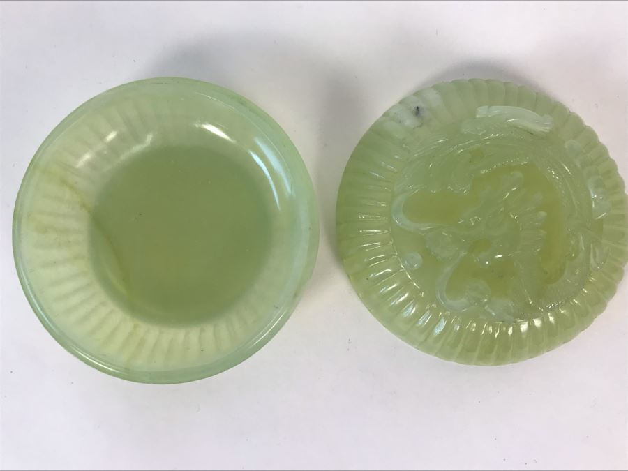 Chinese Carved Green Translucent Stone Round Box With Dragon Serpent Lid With Original Box 4R X 2.25H [Photo 13]