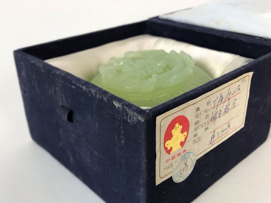 Chinese Carved Green Translucent Stone Round Box With Dragon Serpent Lid With Original Box 4R X 2.25H [Photo 3]