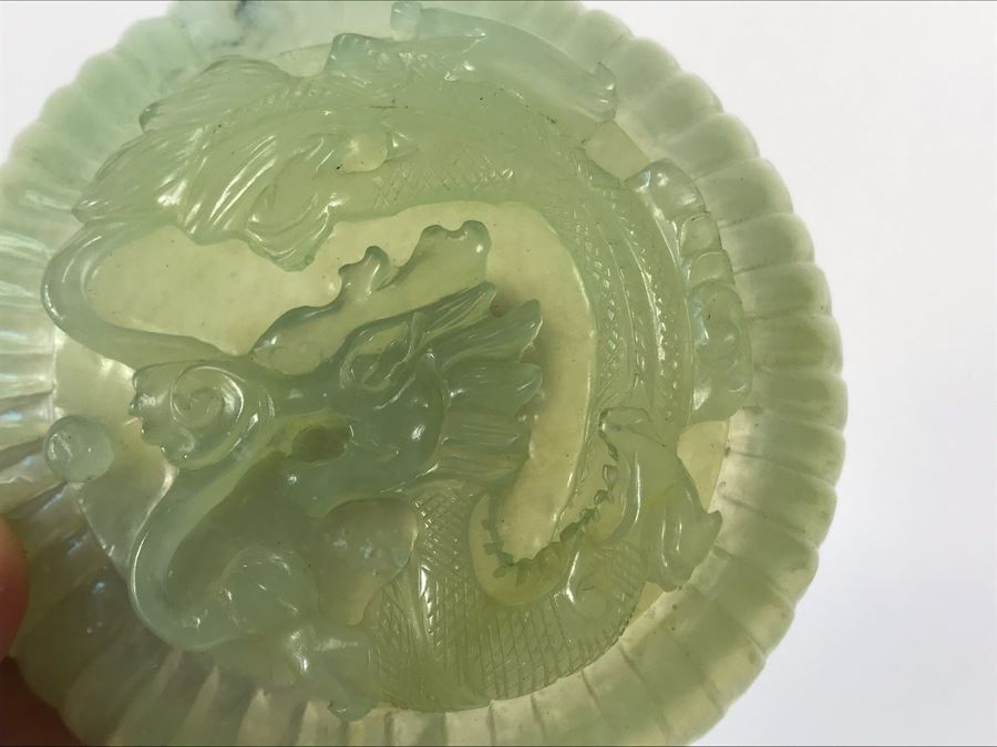 Chinese Carved Green Translucent Stone Round Box With Dragon Serpent Lid With Original Box 4R X 2.25H [Photo 22]