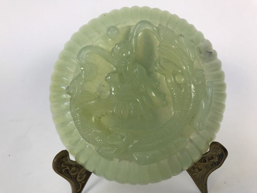Chinese Carved Green Translucent Stone Round Box With Dragon Serpent Lid With Original Box 4R X 2.25H [Photo 40]