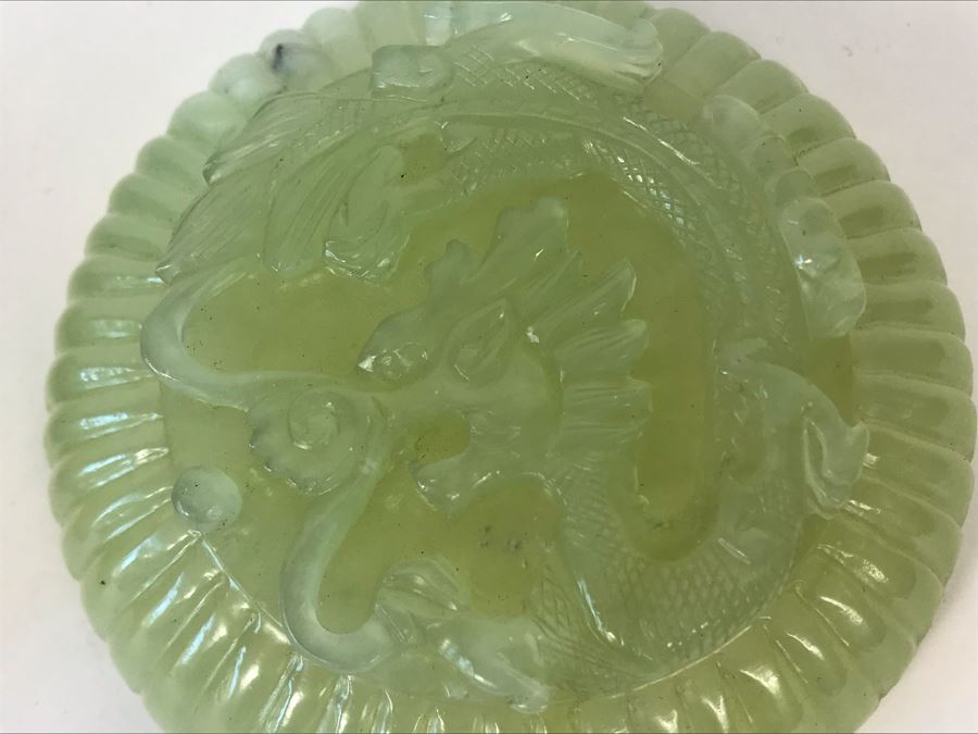 Chinese Carved Green Translucent Stone Round Box With Dragon Serpent Lid With Original Box 4R X 2.25H [Photo 21]