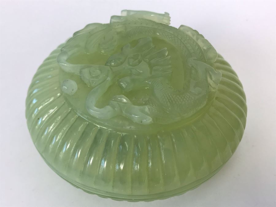 Chinese Carved Green Translucent Stone Round Box With Dragon Serpent Lid With Original Box 4R X 2.25H [Photo 4]