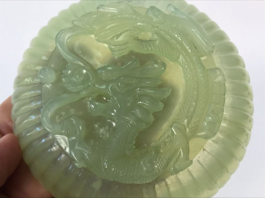 Chinese Carved Green Translucent Stone Round Box With Dragon Serpent Lid With Original Box 4R X 2.25H [Photo 23]