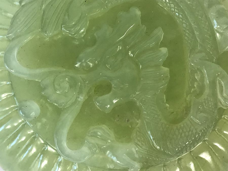 Chinese Carved Green Translucent Stone Round Box With Dragon Serpent Lid With Original Box 4R X 2.25H [Photo 10]